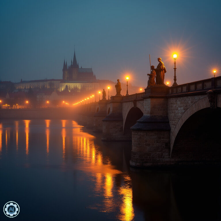 Most Karola nocą z oświetlonymi posągami nad Wełtawą, fotografia nocna Praga