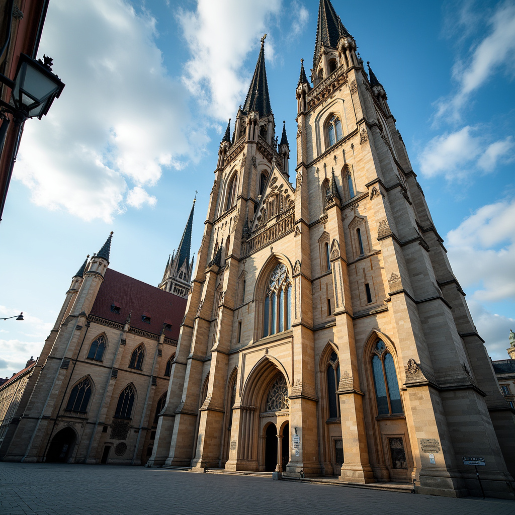Katedra św. Wacława w Ołomuńcu widziana z ulicy, neogotycka fasada i strzeliste wieże