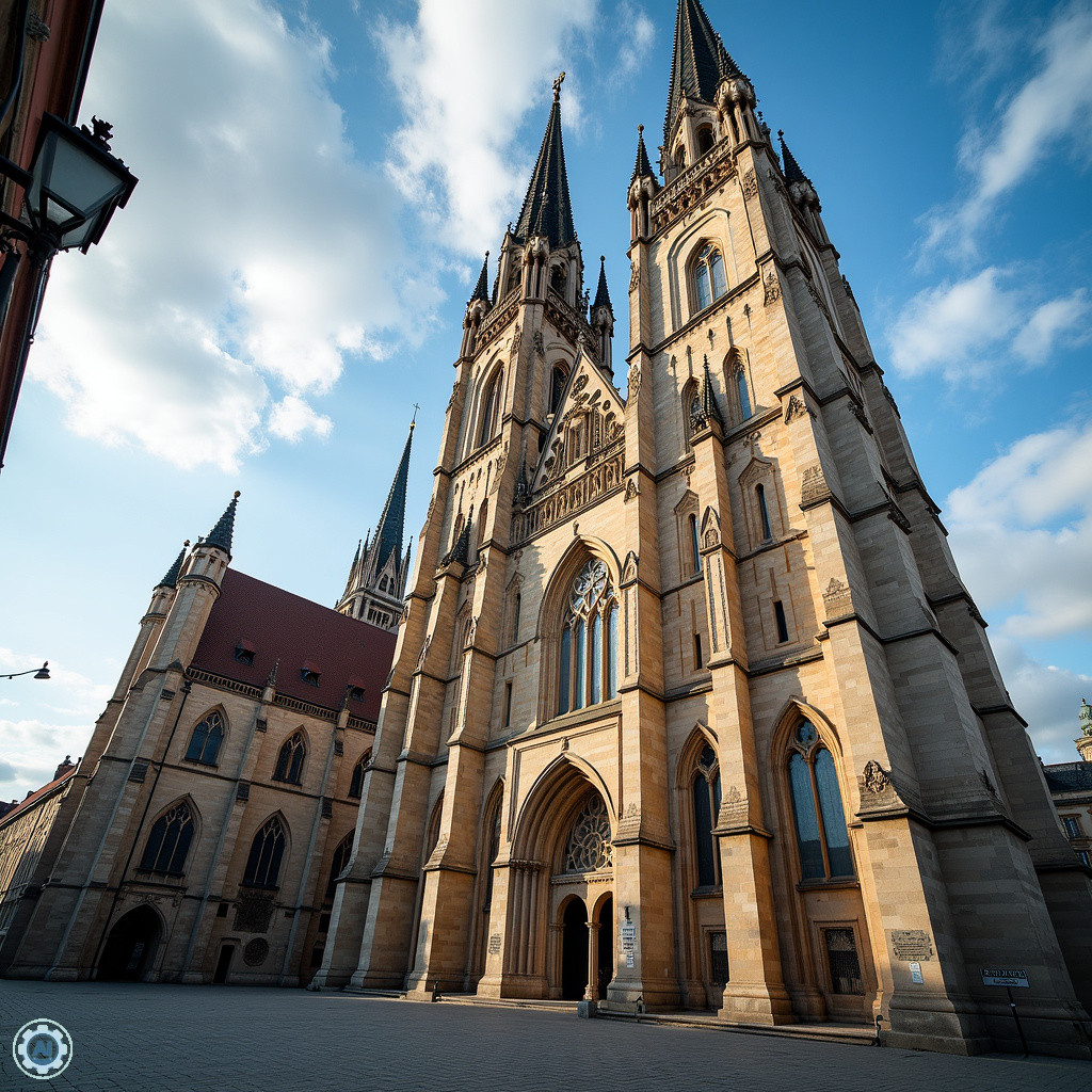 Katedra św. Wacława w Ołomuńcu widziana z ulicy, neogotycka fasada i strzeliste wieże