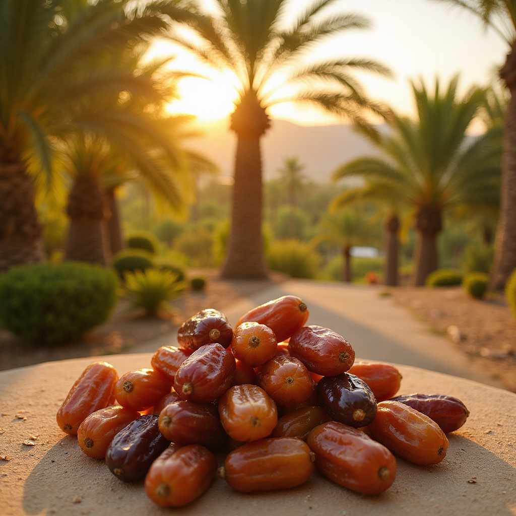 Świeże daktyle Tunezji na tle palm daktylowych w oazie