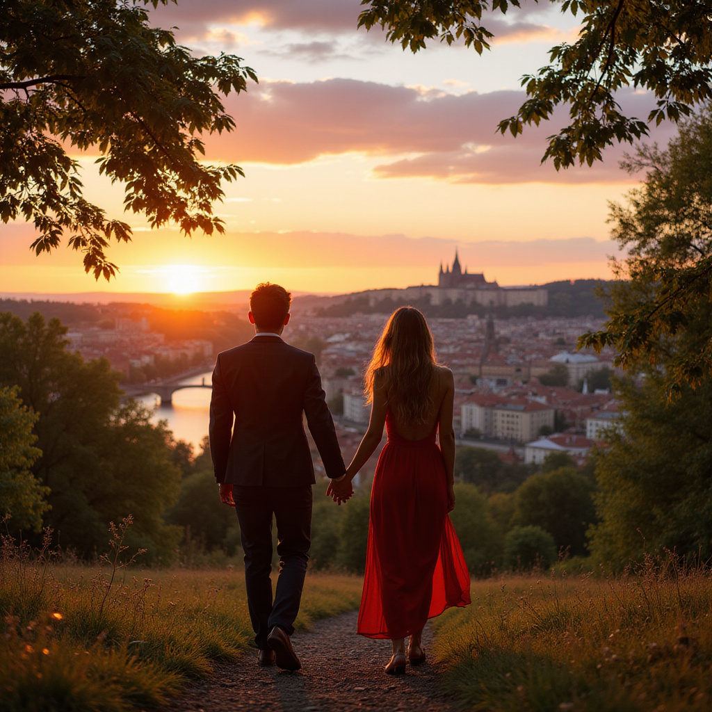 Spacerująca para na tle panoramy Pragi ze Wzgórza Petřín