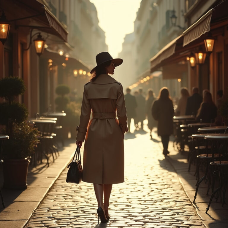 Ulica w Paryżu z kobietą w klasycznym trenczu, francuski styl i elegancja