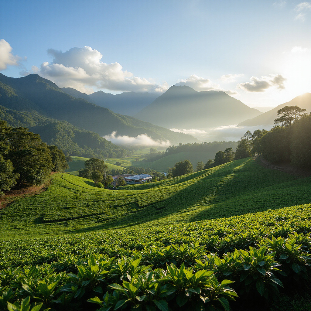 Plantacja kawy w Davao otoczona górami i zielenią