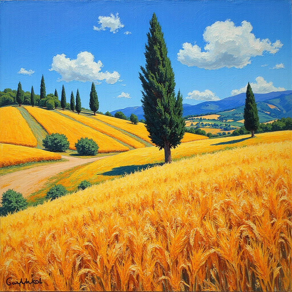 Pola pszenicy i cyprysy w Saint-Rémy-de-Provence, krajobraz Van Gogha