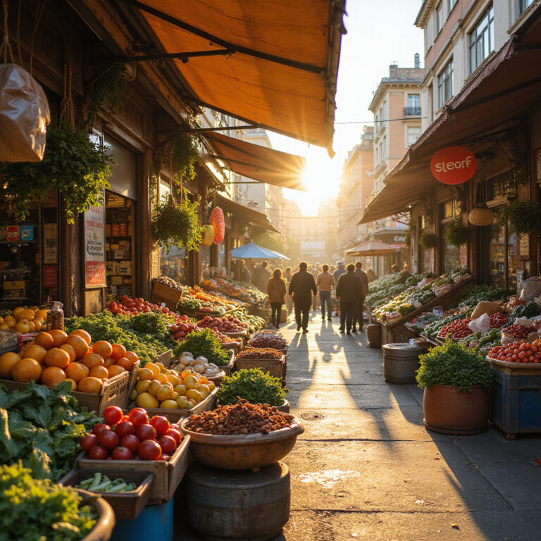 Poranny Rynek Górny tętniący życiem o świcie, świeże warzywa i owoce