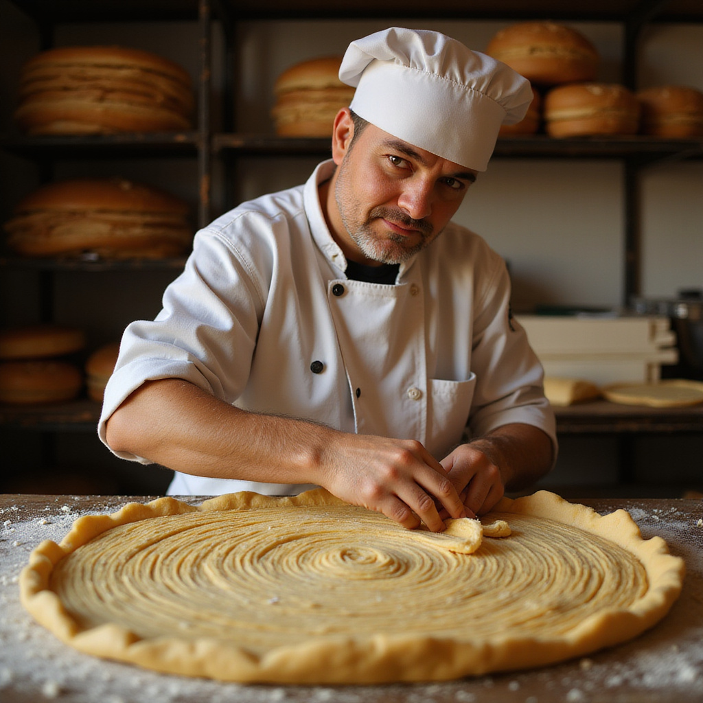 Kucharz przygotowujący ciasto filo do bougatsy w piekarni w Volos