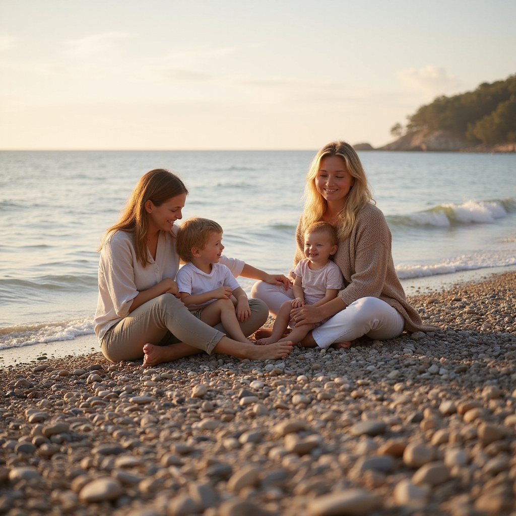 Rodzina relaksująca się na żwirowej plaży Verudela w Puli