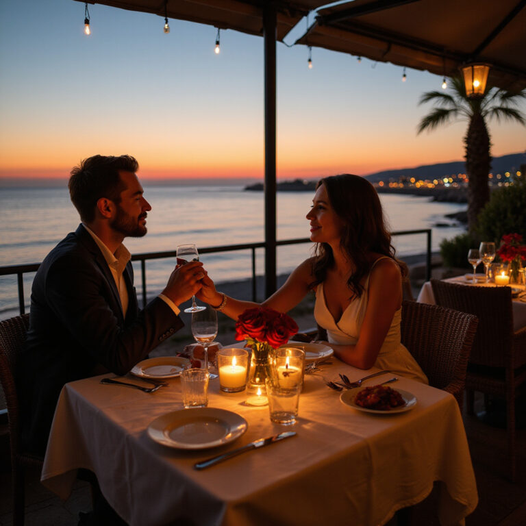 Romantyczna kolacja w Larnace z widokiem na morze i zachód słońca, stolik na tarasie restauracji