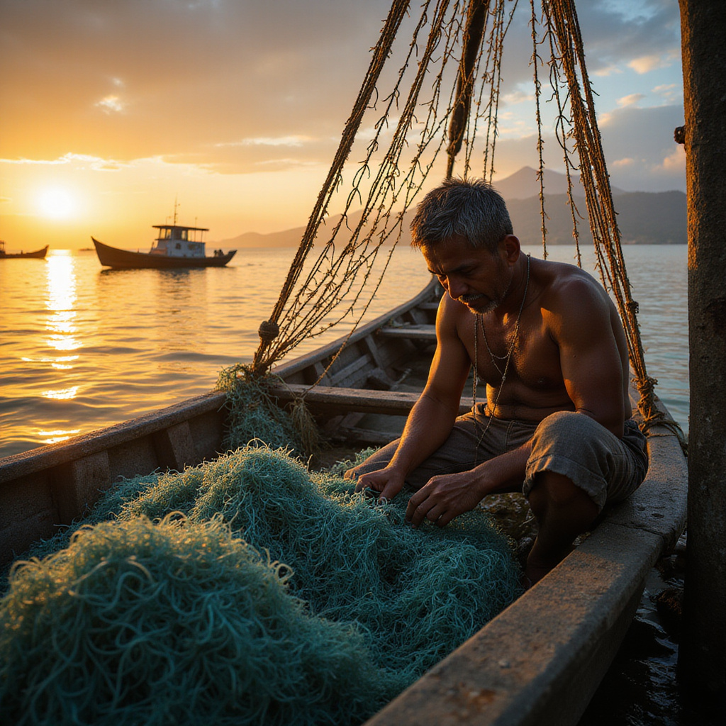Rybacy przygotowujący sieci do połowu tuńczyka w Davao