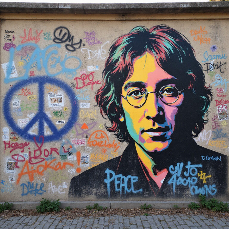 Ściana Johna Lennona w Pradze pokryta kolorowymi graffiti i symbolami pokoju