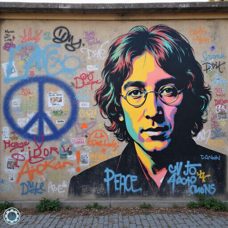 Ściana Johna Lennona w Pradze pokryta kolorowymi graffiti i symbolami pokoju