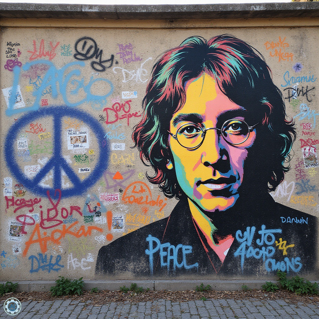 Ściana Johna Lennona w Pradze pokryta kolorowymi graffiti i symbolami pokoju