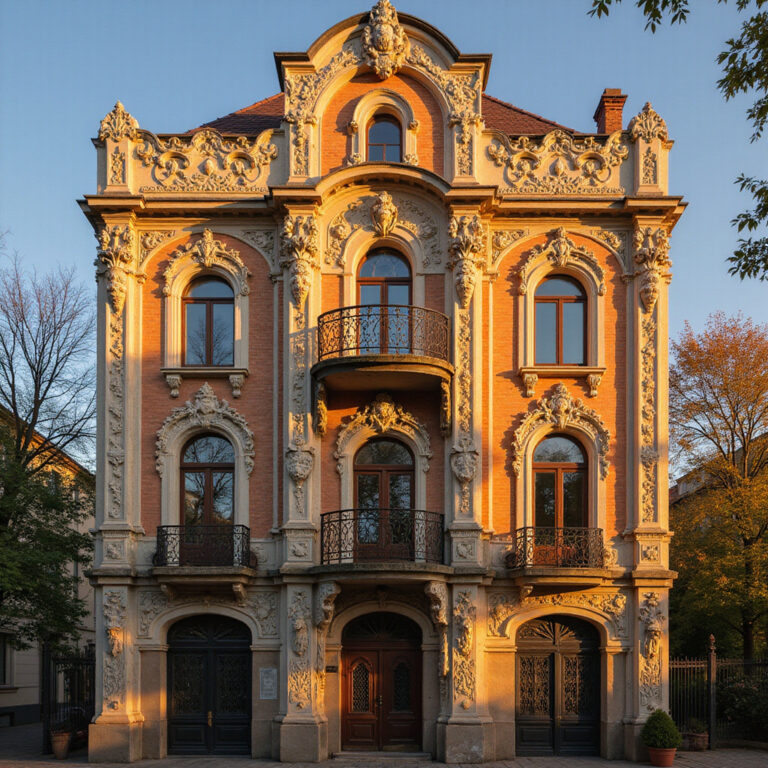 Secesyjna fasada kamienicy w Rydze z misternymi detalami architektonicznymi
