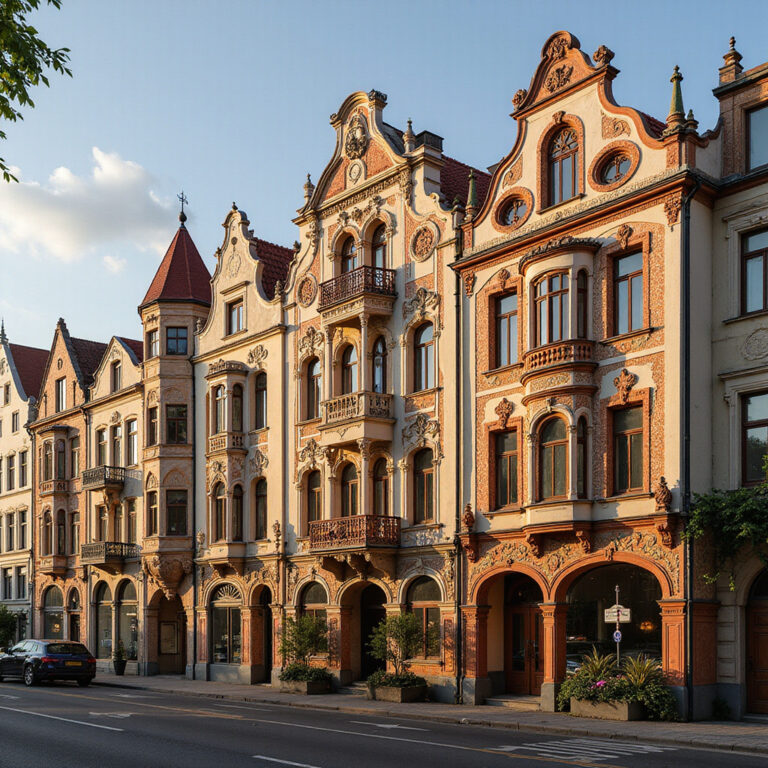 secesyjne fasady Rygi z bogatymi ornamentami i detalami architektonicznymi