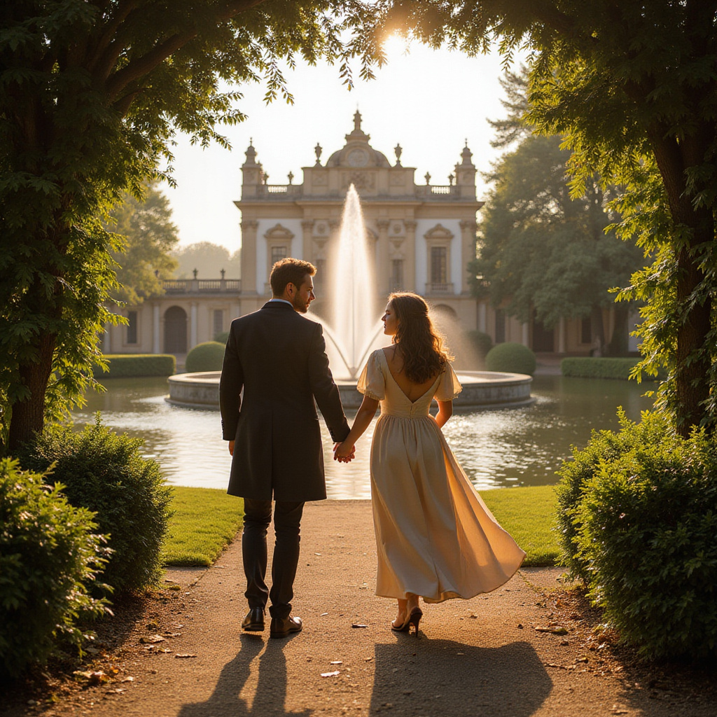 Spacerująca para w ogrodach pałacu Rundale, fontanna w tle