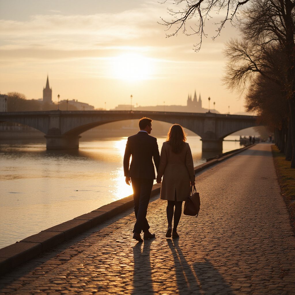Para spacerująca wzdłuż rzeki Garonny w Bordeaux, romantyczna randka Bordeaux, zachód słońca, most Pont de Pierre