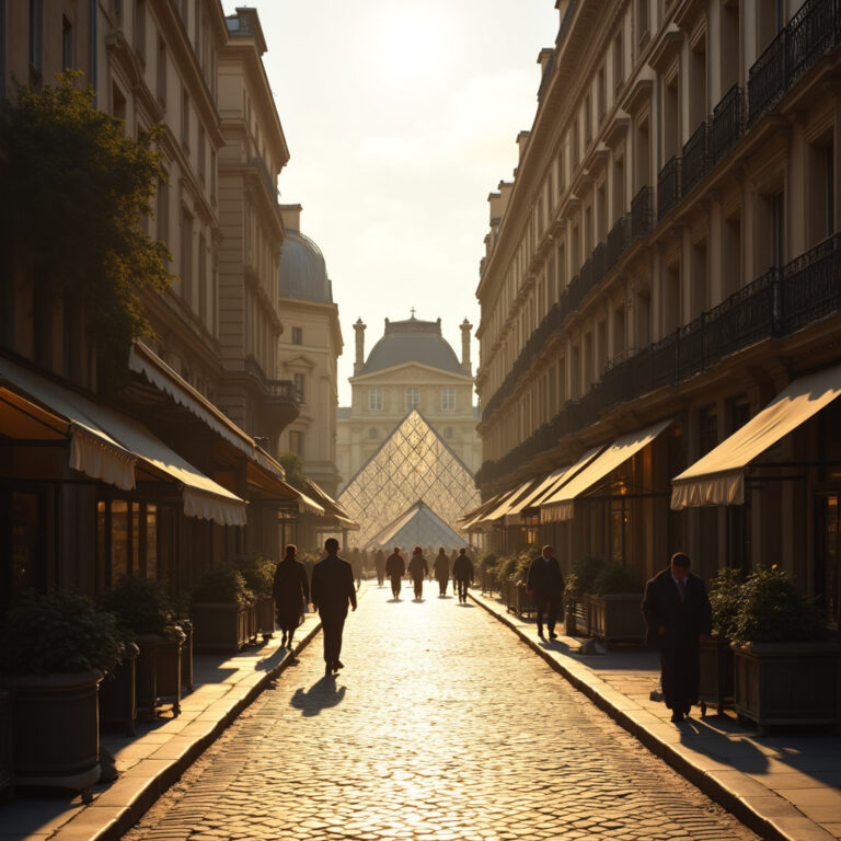 Spokojna ulica w Paryżu prowadząca do Luwru, idealna na zwiedzanie bez tłumów