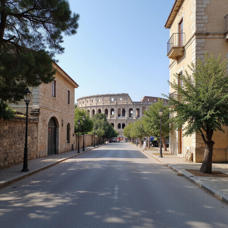 Spokojna ulica w Puli z widokiem na amfiteatr w tle, idealna na zwiedzanie poza sezonem