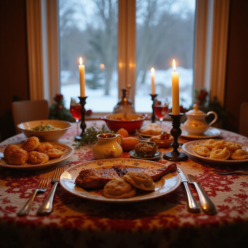 Stół wigilijny z tradycyjnymi potrawami i świecami, polskie święta, rodzinna atmosfera