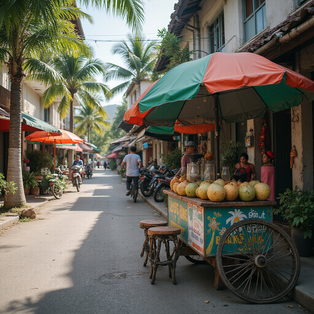 Ulica na Filipinach z lokalnym straganem oferującym świeże napoje kokosowe