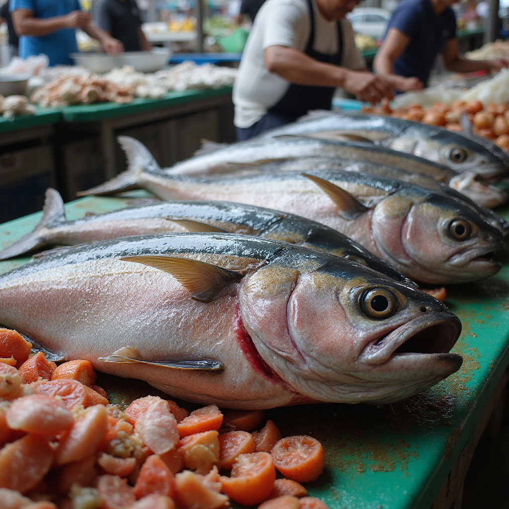 Świeży tuńczyk na targu rybnym w Davao, ryby owoce morza