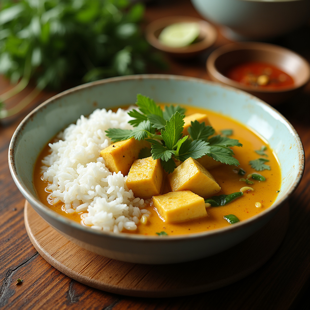 Tajskie zielone curry z tofu i ryżem na stole