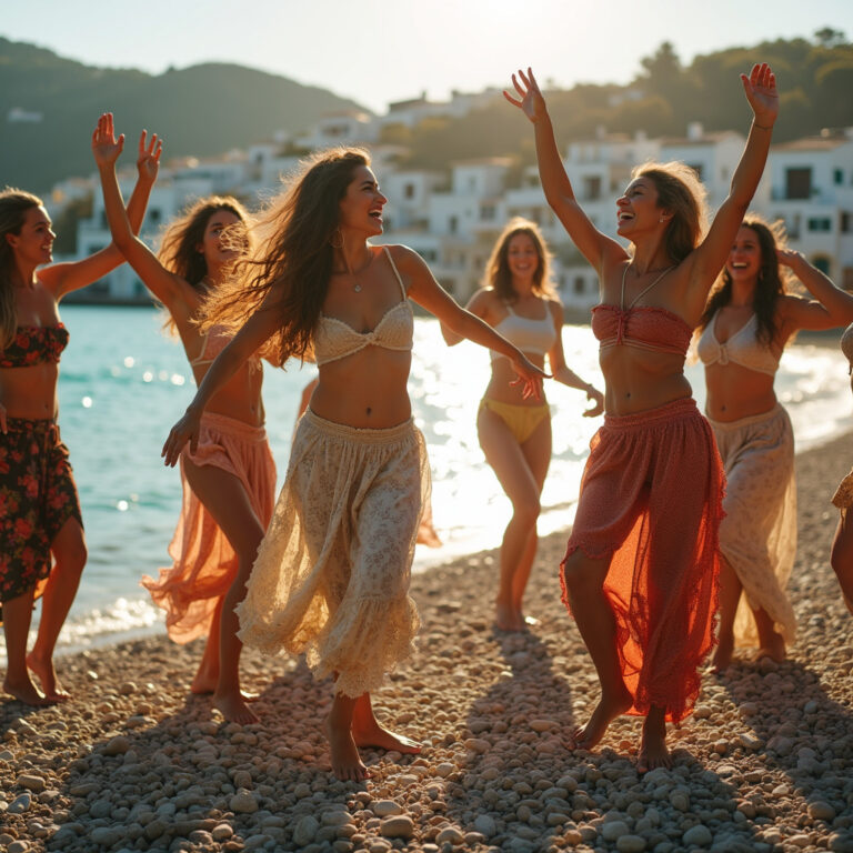 Grupa ludzi tańczących Sirtaki na kamienistej plaży w Grecji