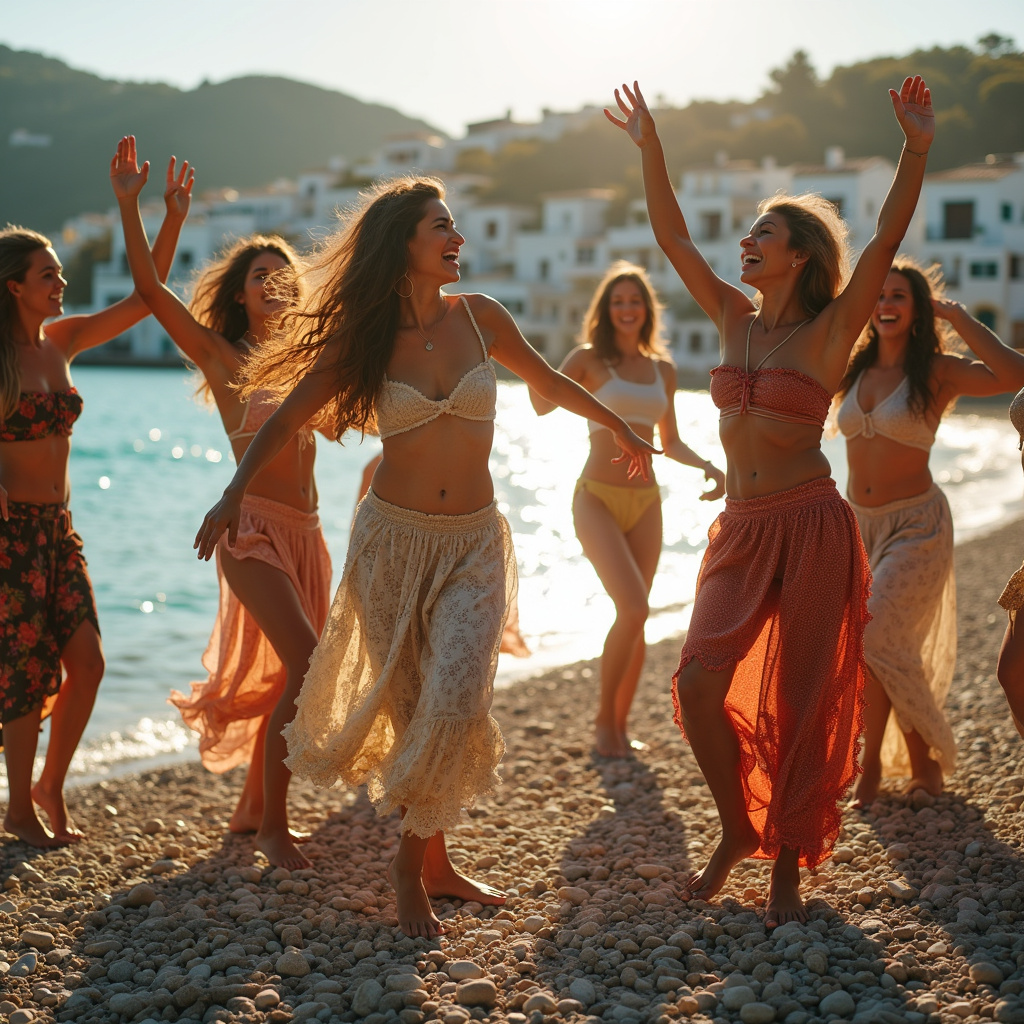 Grupa ludzi tańczących Sirtaki na kamienistej plaży w Grecji