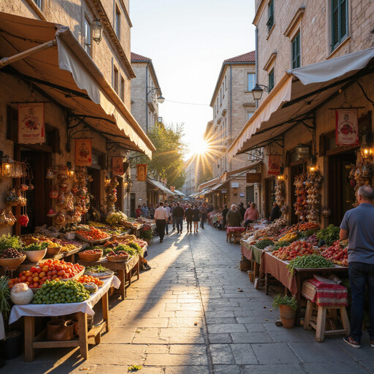 Ulica w Puli z lokalnym targiem i straganami, gdzie warto używać chorwackich zwrotów