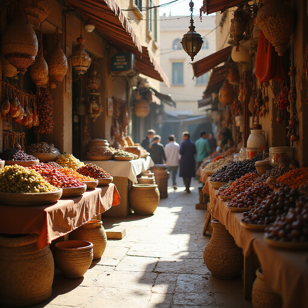 Targ w Tunezji ze straganami pełnymi daktyli i lokalnych produktów