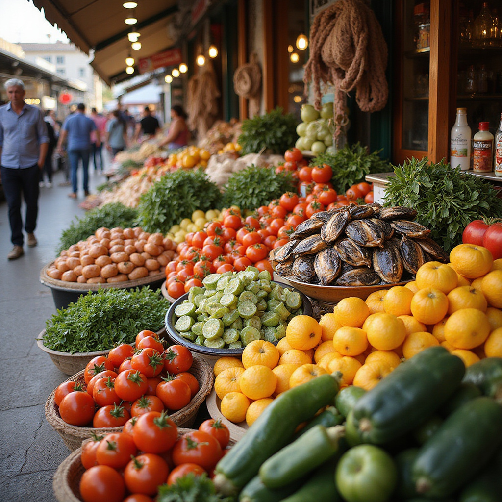 Targ w Volos z sezonowymi warzywami i owocami morza, lokalne produkty Tesalii