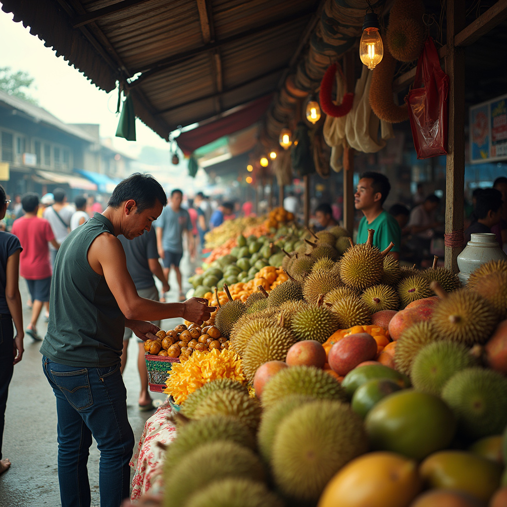 Ulica w Davao z targowiskiem pełnym durianów i innych owoców