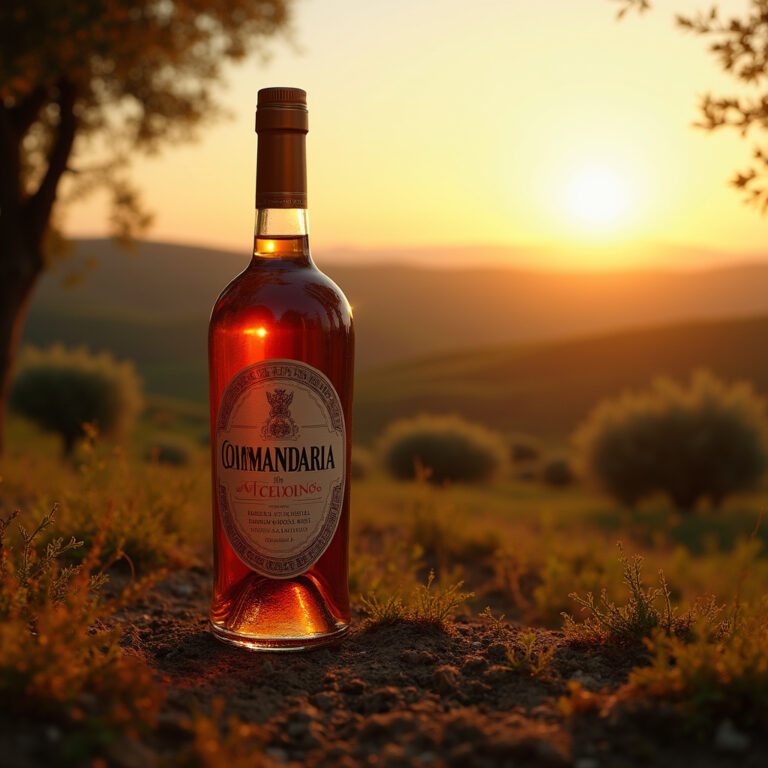 Commandaria, najstarsze wino świata, w tradycyjnej butelce na tle cypryjskich winnic