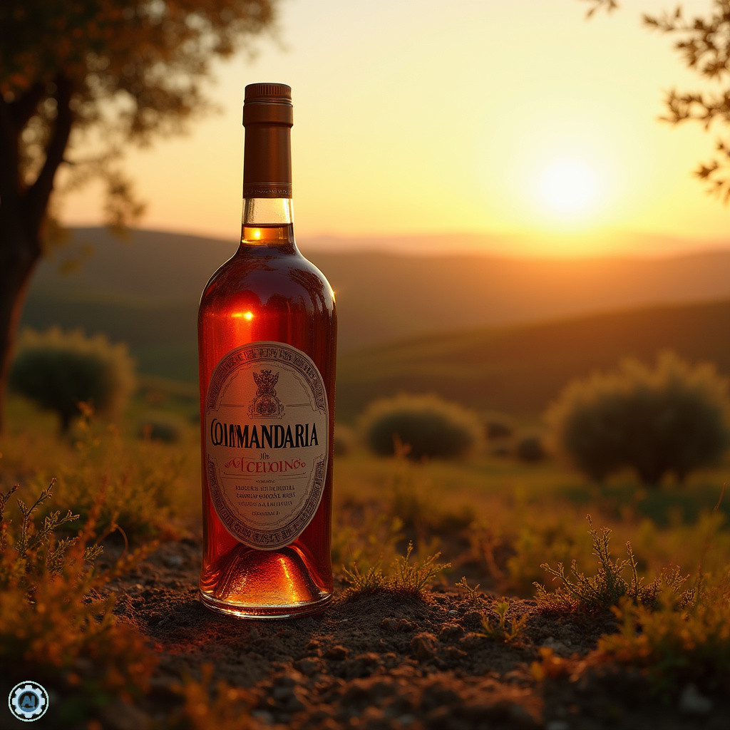 Commandaria, najstarsze wino świata, w tradycyjnej butelce na tle cypryjskich winnic