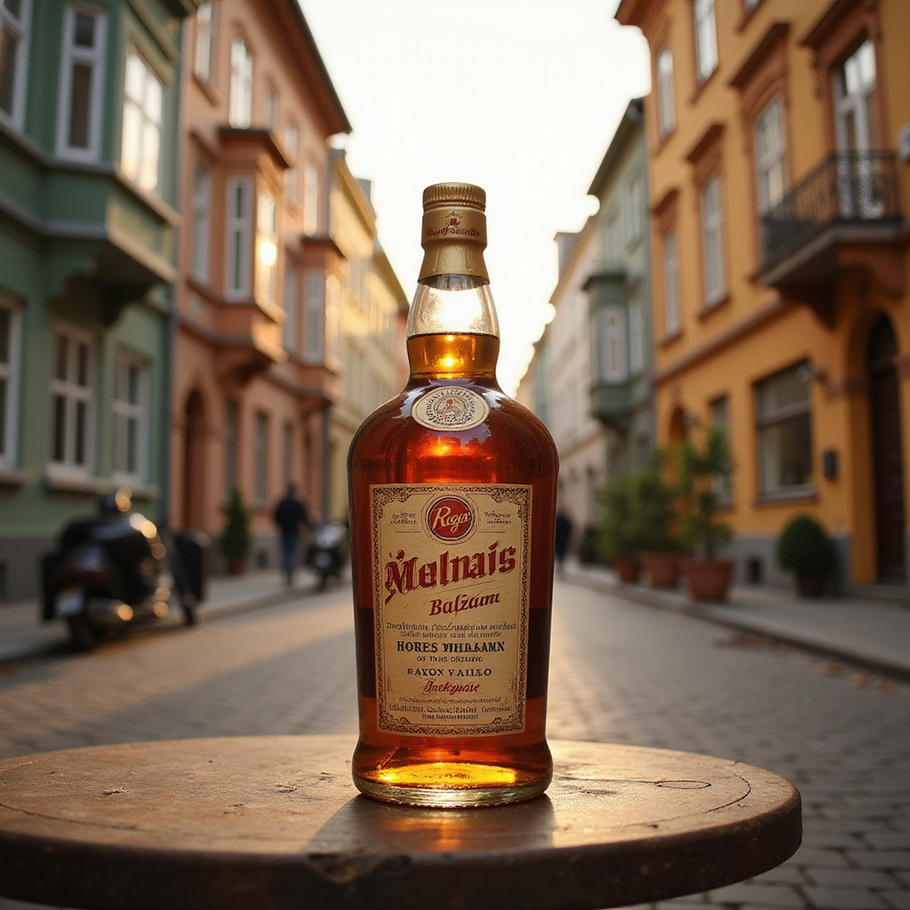 Tradycyjna butelka Rīgas Melnais balzams na tle ulicy w Rydze z zabytkowymi kamienicami