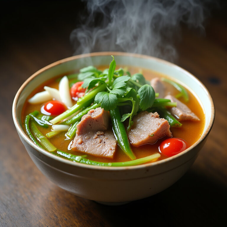 Tradycyjna filipińska zupa Sinigang z wieprzowiną i warzywami