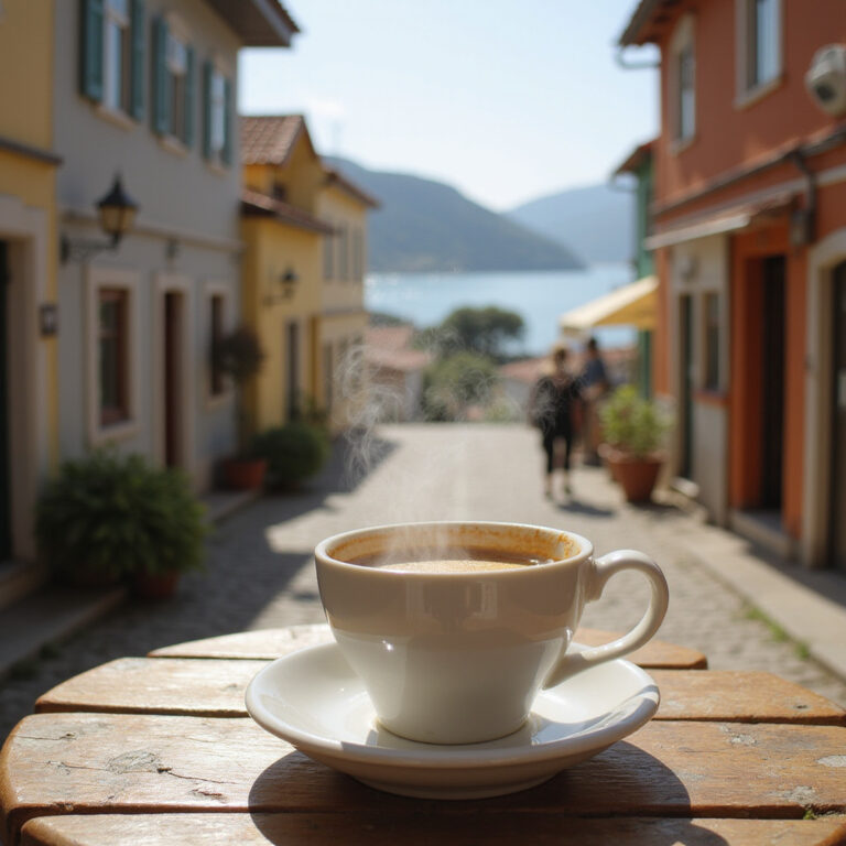 Tradycyjna grecka kawa w filiżance na tle ulicy w Volos z widokiem na morze