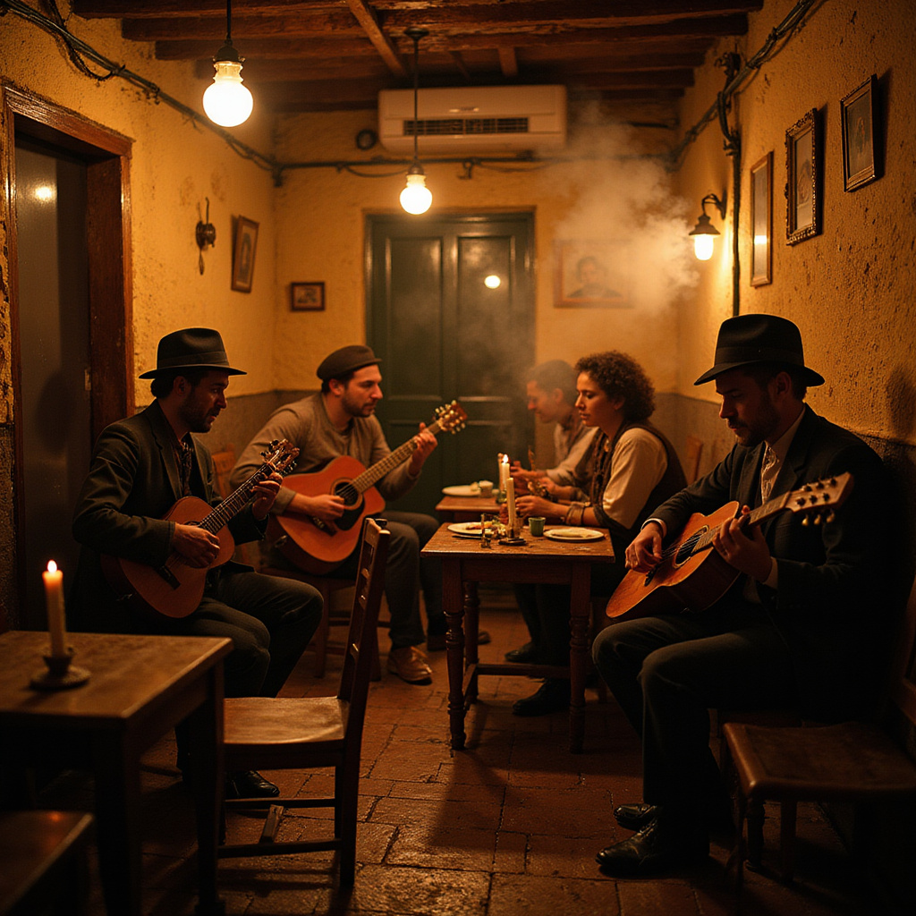 Rebetiko grecki blues w tradycyjnej greckiej tawernie z muzykami grającymi na bouzouki