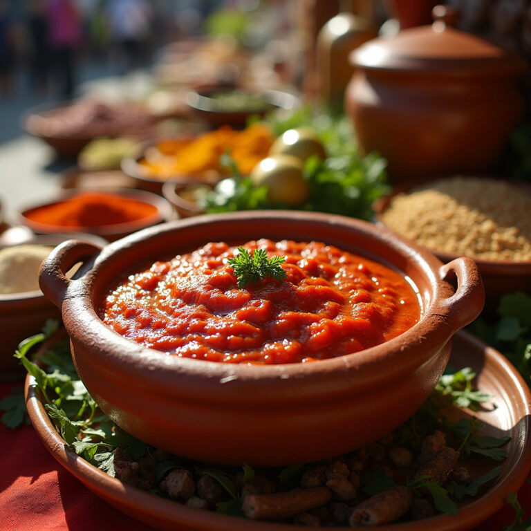 Harissa w tradycyjnym naczyniu na tle tunezyjskiego targu