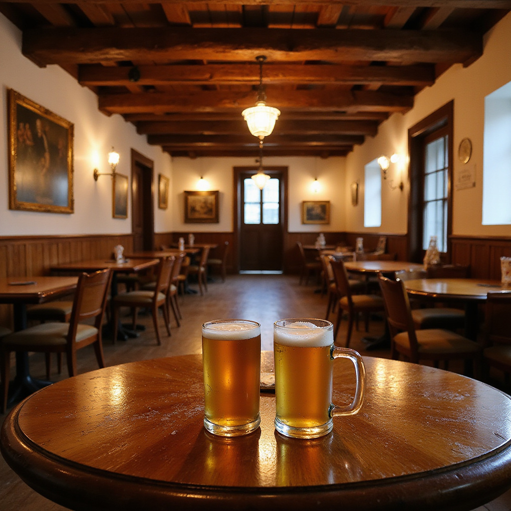 Tradycyjna piwiarnia w Pradze z drewnianymi stołami i kuflami piwa