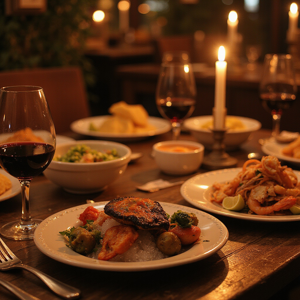 Stół w tawernie z daniami meze, świeże owoce morza i wino