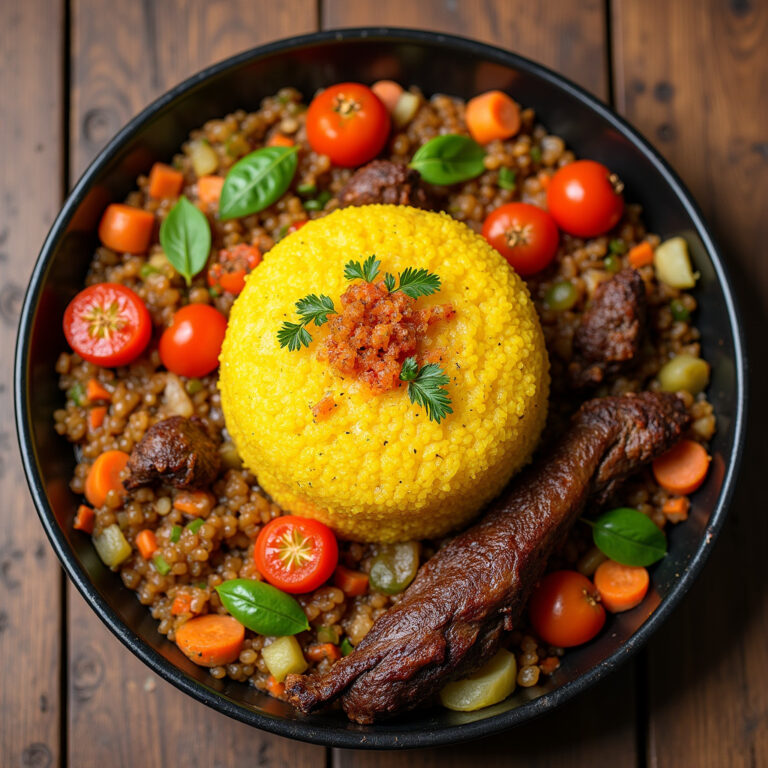 Tradycyjne danie kenijskie Ugali z warzywami i mięsem na drewnianym stole