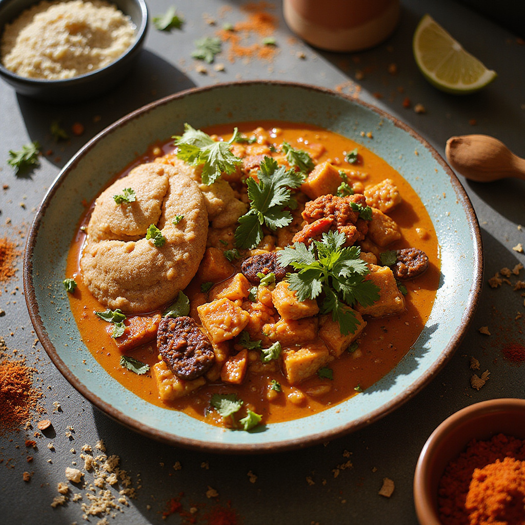 Talerz z egipskimi przysmakami, w tym ful medames i ta'ameya, na tle kolorowych przypraw