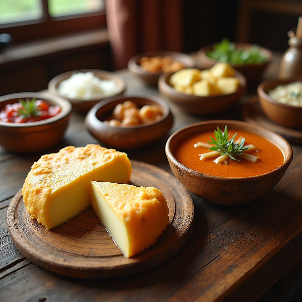 Tradycyjny stół z góralskimi potrawami, oscypek i kwaśnica na drewnianym stole