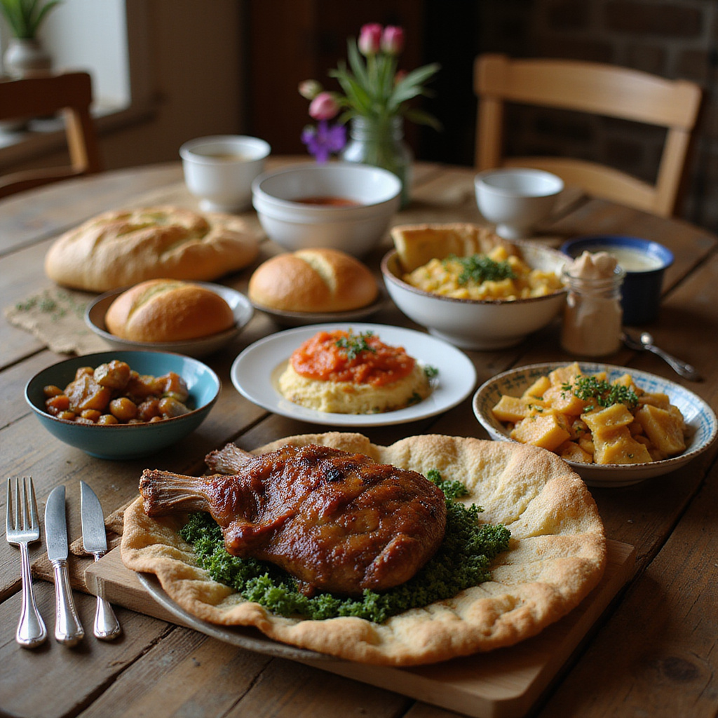 Tradycyjne greckie potrawy wielkanocne na stole w tawernie