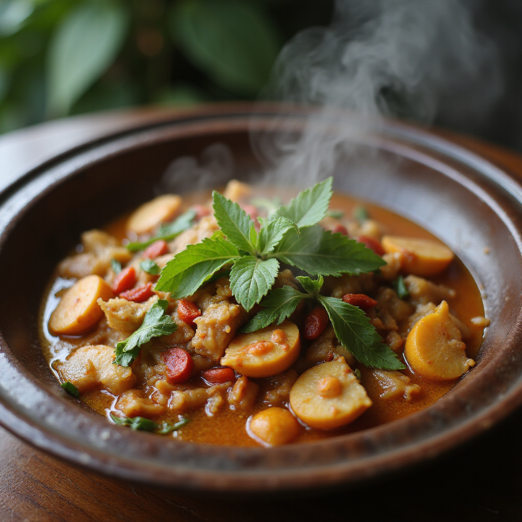 tradycyjne kambodżańskie danie amok, świeże zioła i przyprawy