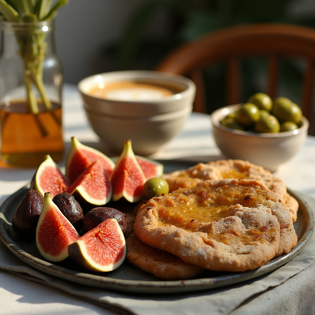 Stół z tunezyjskim śniadaniem: świeże owoce, chleb khobz i oliwki