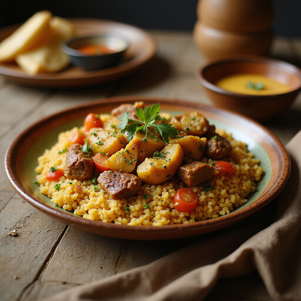 Tradycyjny tunezyjski kuskus halal podawany na talerzu z mięsem i warzywami