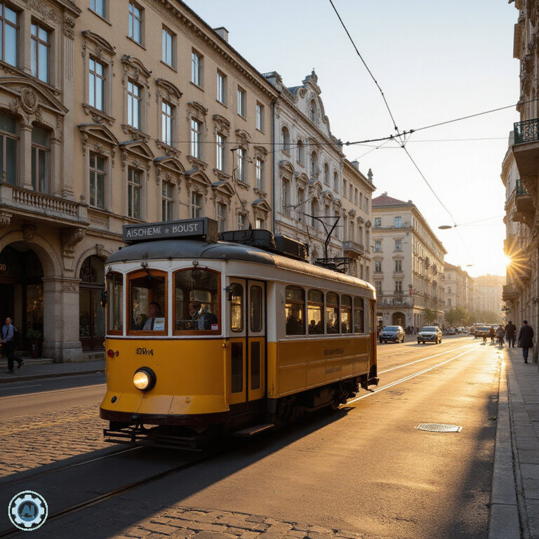 Tramwaj na tle secesyjnych kamienic w Rydze, transport publiczny w Rydze, miejskie klimaty