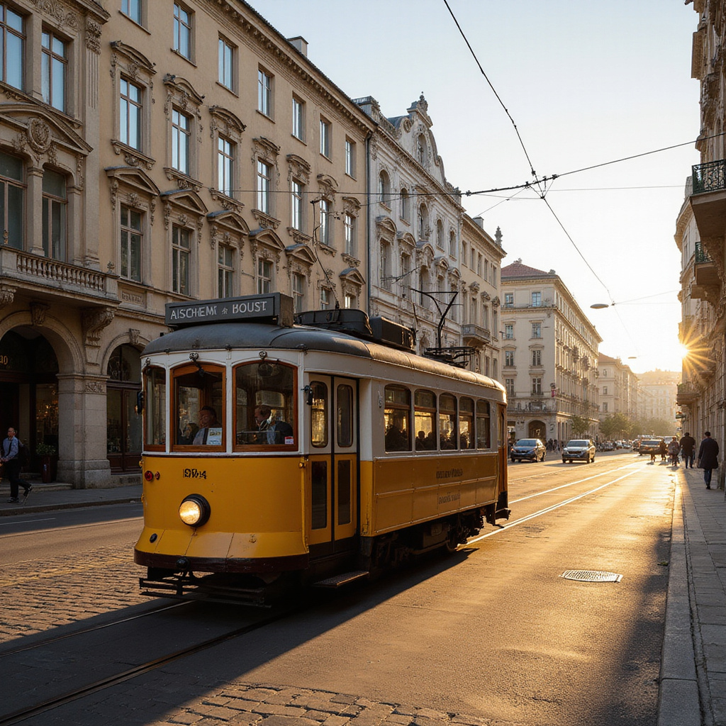Tramwaj na tle secesyjnych kamienic w Rydze, transport publiczny w Rydze, miejskie klimaty